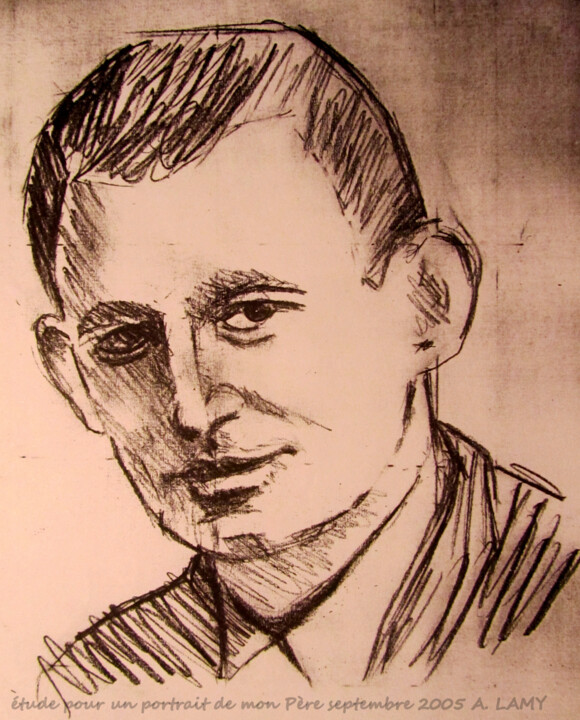 Drawing titled "Portrait de mon Père" by Alain Lamy, Original Artwork, Pencil