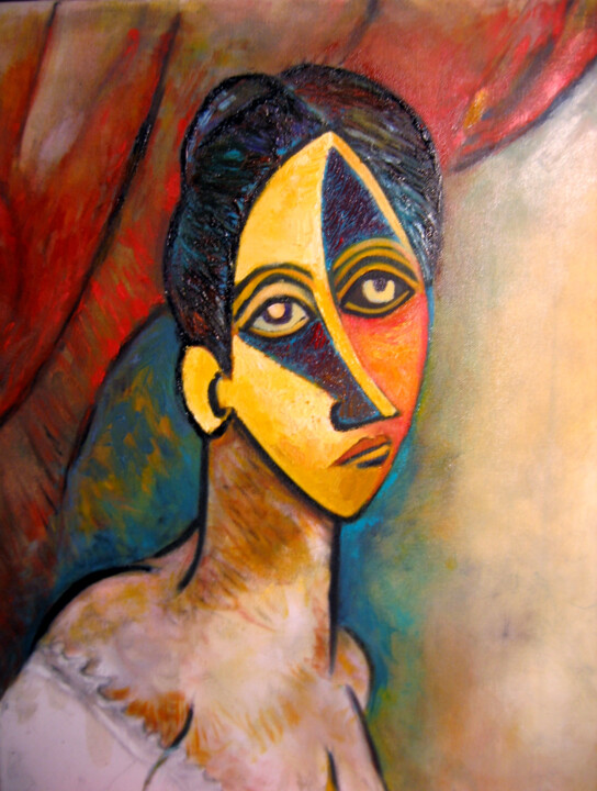 Painting titled "FEMME AU RIDEAU (ét…" by Alain Lamy, Original Artwork, Oil