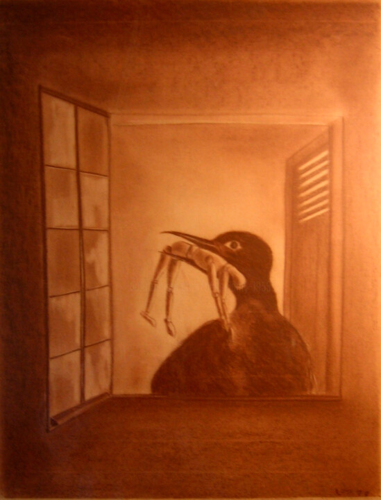 Drawing titled "LE CORBEAU" by Alain Lamy, Original Artwork, Pastel