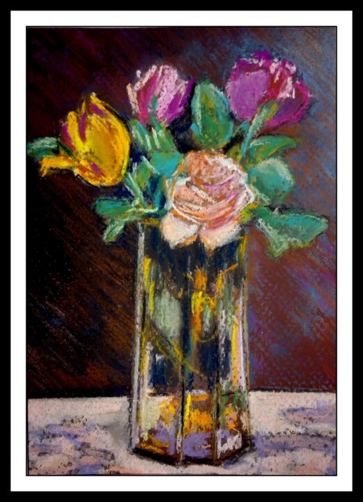 Malerei mit dem Titel "FLEURS DANS UN VASE…" von Alain Lamy, Original-Kunstwerk, Pastell