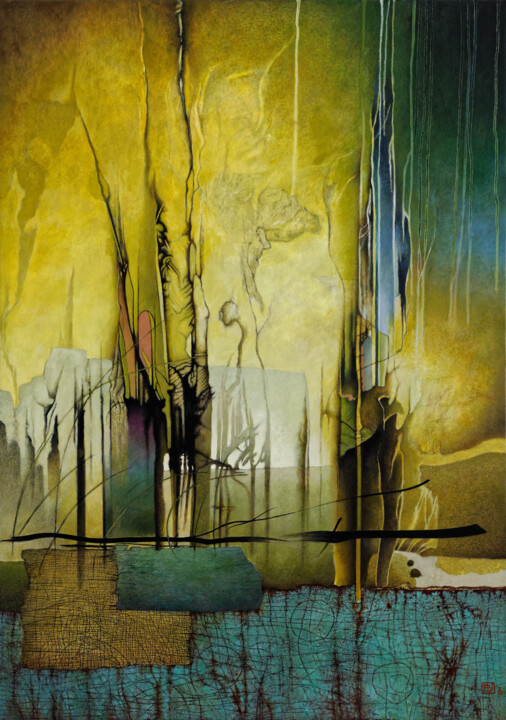 Картина под названием "Composition 2 - Man…" - Alain Le Junter, Подлинное произведение искусства, Воск Установлен на Деревян…