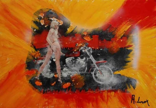 Painting titled "RAGAZZA CON MOTO" by Alain Leroy, Original Artwork