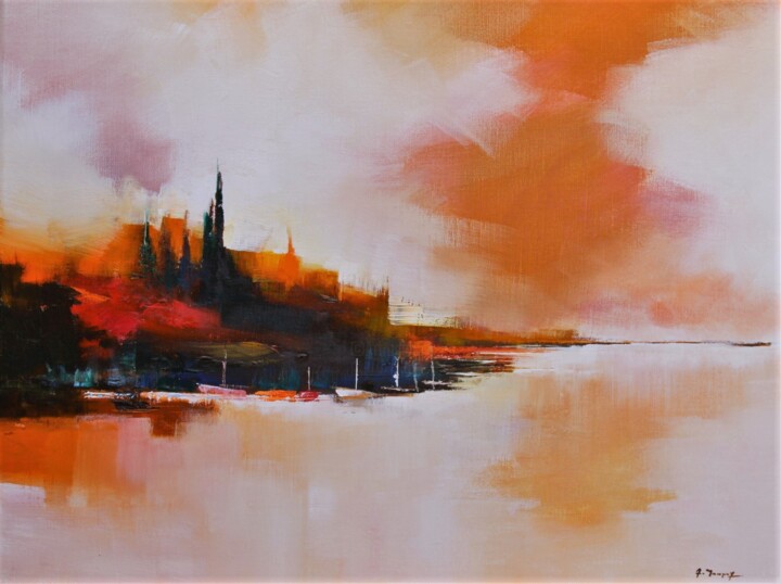 Painting titled "Nuages de feu" by Alain Maupuy, Original Artwork, Oil Mounted on Wood Stretcher frame