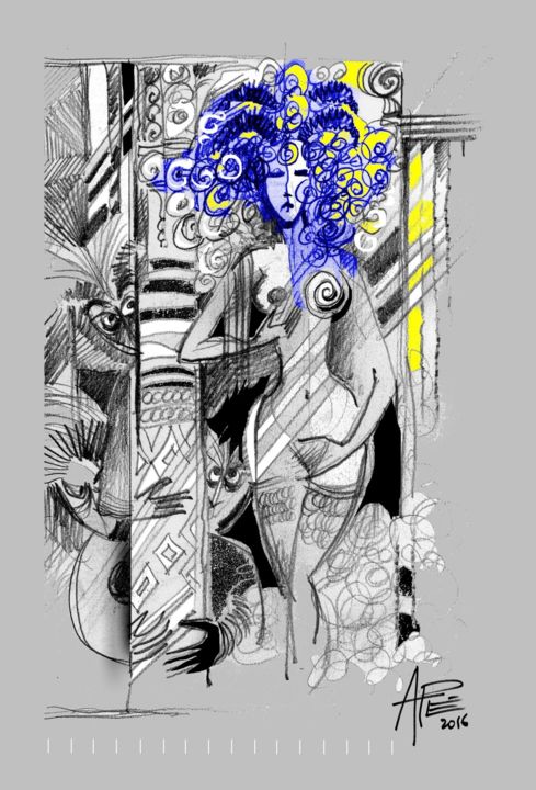 Dessin intitulée "dessin-femme-bleue-…" par Alain Perriod, Œuvre d'art originale, Conté