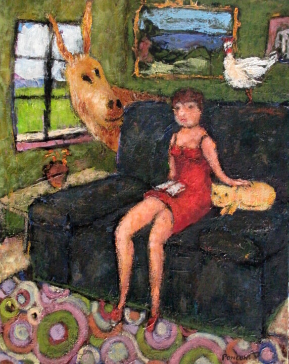 Painting titled "L'âne, la poule, le…" by Alain Ponçon, Original Artwork, Oil Mounted on Wood Stretcher frame