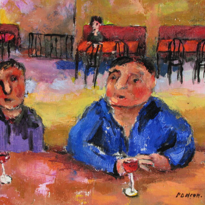 Painting titled "Au bar" by Alain Ponçon, Original Artwork, Oil Mounted on Wood Stretcher frame