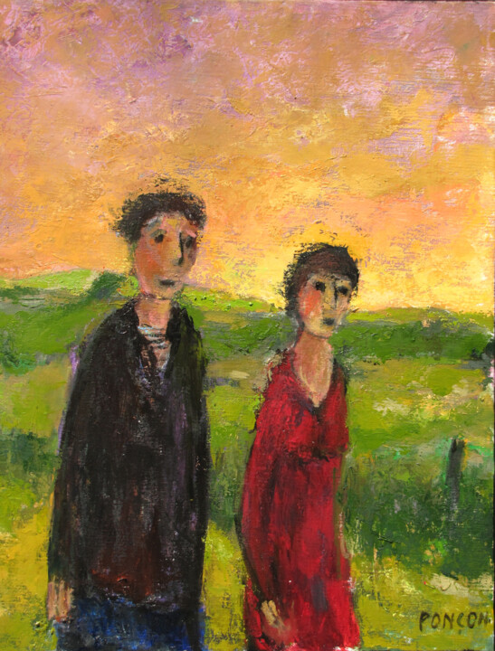 Painting titled "Promenade du soir" by Alain Ponçon, Original Artwork, Oil