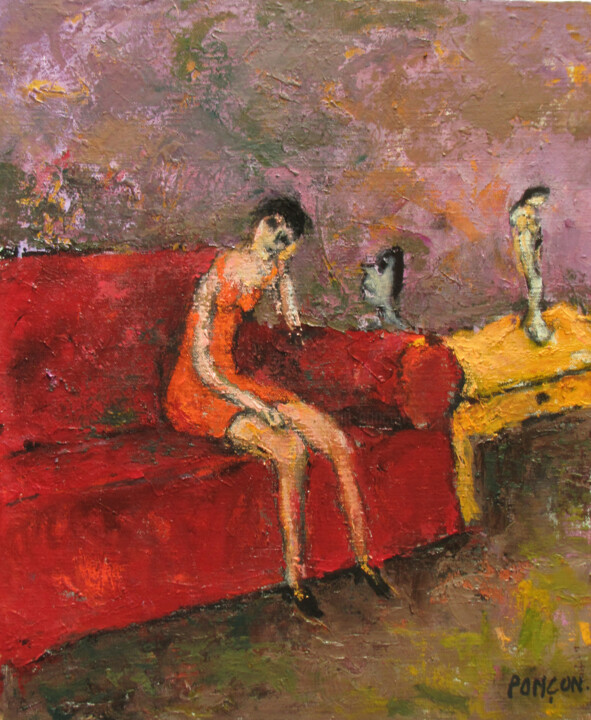 Peinture intitulée "Dame sur canapé" par Alain Ponçon, Œuvre d'art originale, Huile Monté sur Châssis en bois