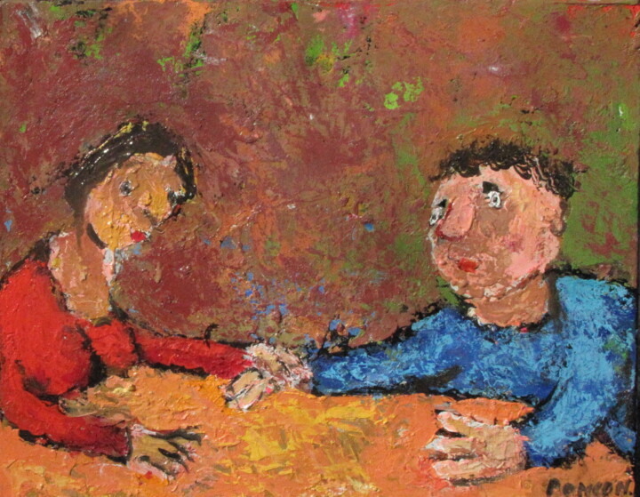 Painting titled "Douces caresses" by Alain Ponçon, Original Artwork, Oil Mounted on Wood Stretcher frame