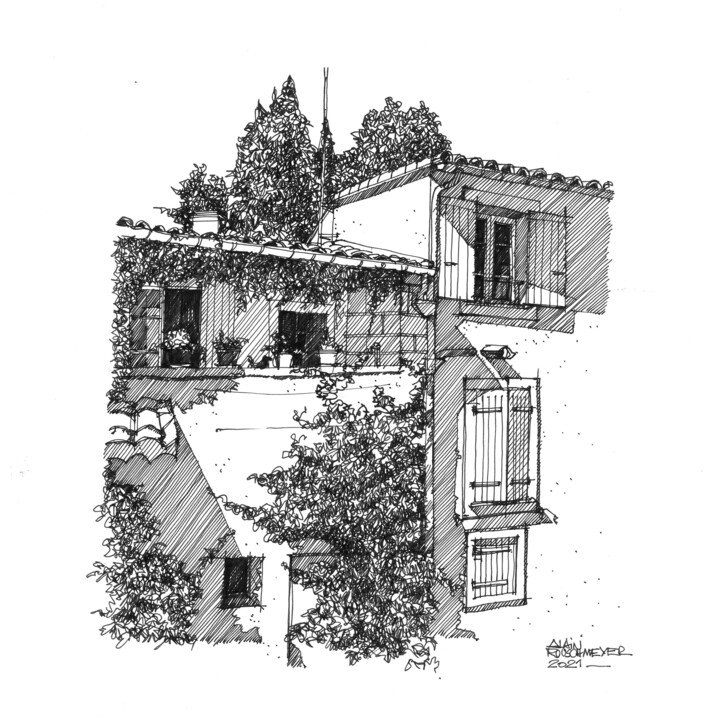 Drawing titled "GRIGNAN" by Alain Rouschmeyer, Original Artwork, Ink