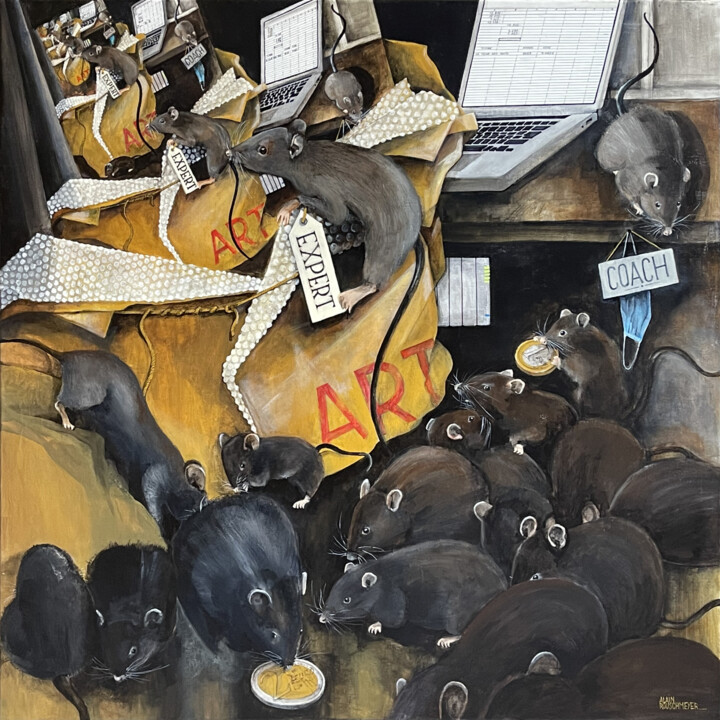 Malerei mit dem Titel "LA COUR DES RATS" von Alain Rouschmeyer, Original-Kunstwerk, Acryl Auf Keilrahmen aus Holz montiert