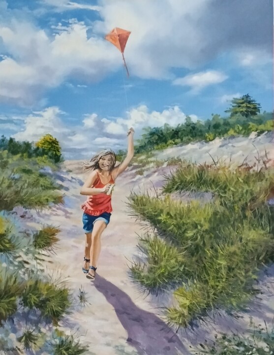 Peinture intitulée "Jeune fille au cerf…" par Alain Sarazin, Œuvre d'art originale, Huile
