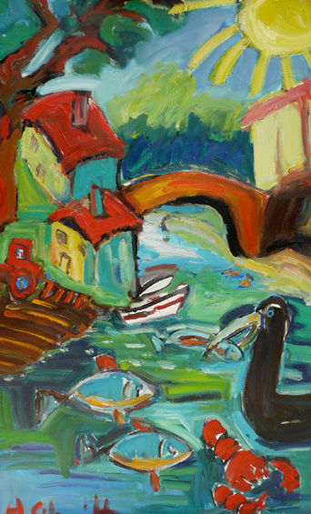 Pintura intitulada "les-poissons-et-le-…" por Alain Schmitt, Obras de arte originais, Acrílico