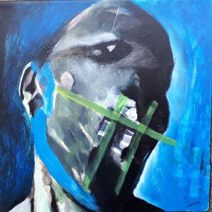 Painting titled "Autoportrait bleu" by Alain Tardieu, Original Artwork, Acrylic