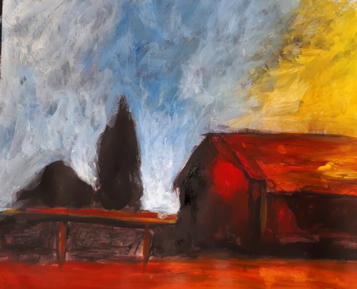 Painting titled ""la cabane rouge"" by Alain Tardieu, Original Artwork, Acrylic