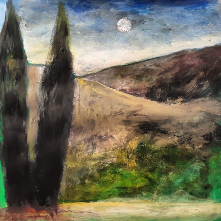 Peinture intitulée ""Au dessus, la lune"" par Alain Tardieu, Œuvre d'art originale, Acrylique