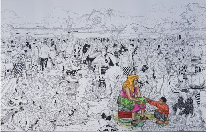 Disegno intitolato "The market" da Alain Wankwini, Opera d'arte originale, Penna gel