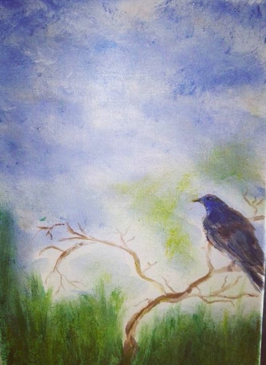 Painting titled "Oiseau sur la branc…" by alainalainaga, Original Art, Oil