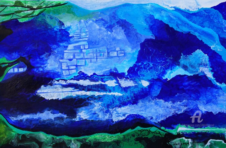 Painting titled "Les collines bleues" by Alain Boissel, Original Artwork, Acrylic Mounted on Wood Stretcher frame