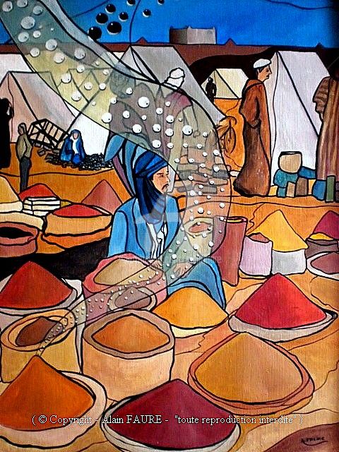 Painting titled "MARCHE AUX EPICES" by Alain Faure, Original Artwork, Acrylic Mounted on Wood Stretcher frame