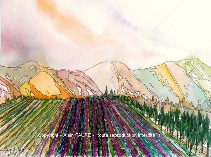 Painting titled "DRÔME PROVENCALE" by Alain Faure, Original Artwork, Watercolor Mounted on Other rigid panel