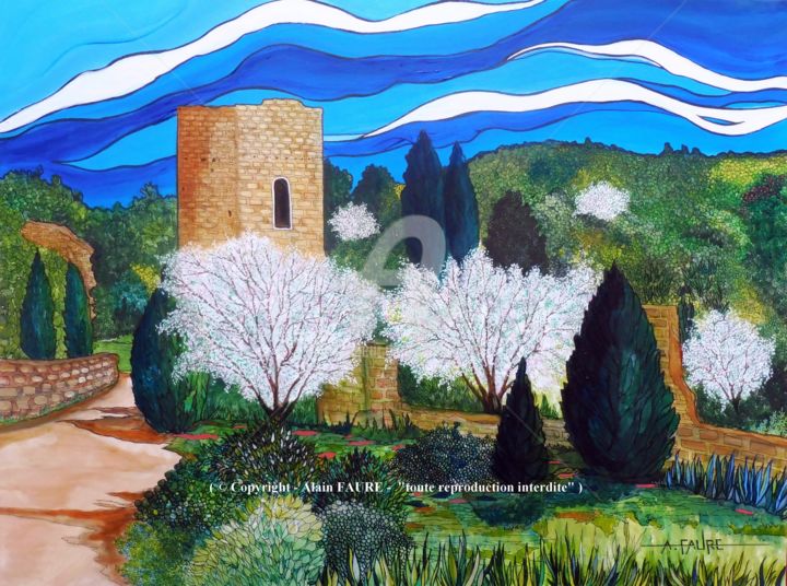 Painting titled "BELVEDERE AUX AMAND…" by Alain Faure, Original Artwork, Acrylic Mounted on Wood Stretcher frame