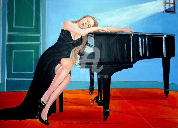 Painting titled "SIESTE MUSICALE" by Alain Faure, Original Artwork, Acrylic Mounted on Wood Stretcher frame