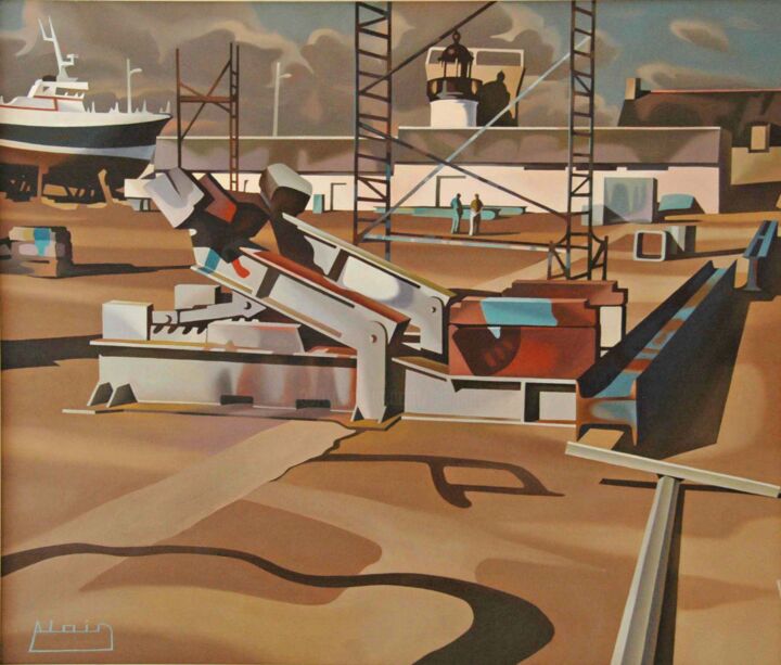Painting titled "Chantier naval à Lé…" by Alain Grisel, Original Artwork, Oil Mounted on Wood Panel