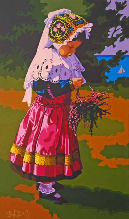 Malerei mit dem Titel "Fillette à la fête…" von Alain Grisel, Original-Kunstwerk, Öl