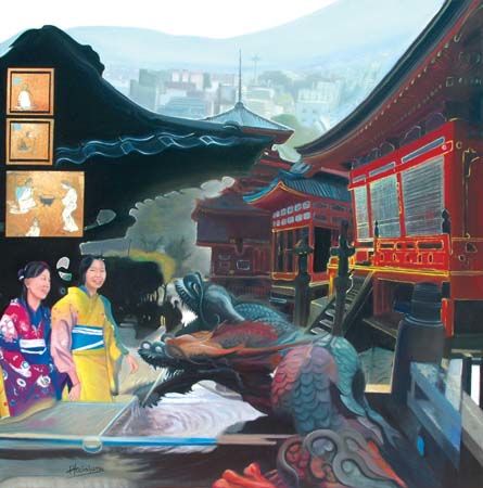 Painting titled "Kyoto, Modernité et…" by Alainjuno, Original Artwork, Oil Mounted on Wood Stretcher frame