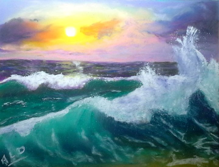 Pintura intitulada "vagues au crépuscul…" por Ald, Obras de arte originais, Pastel