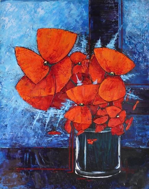 Painting titled "Coquelicots" by Alain Lorkovic, Original Artwork, Oil Mounted on Other rigid panel