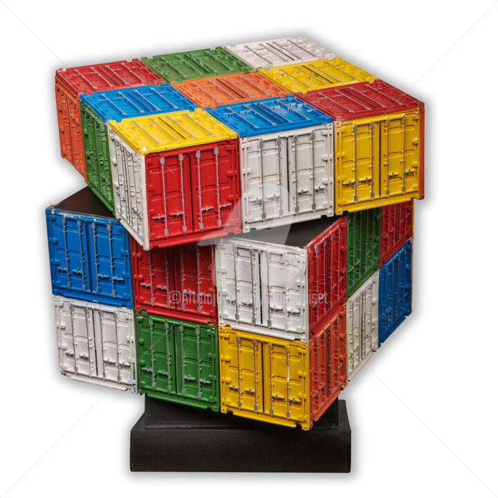 Sculpture intitulée "Rubik's Cube contai…" par Alain Louiset, Œuvre d'art originale, Métaux