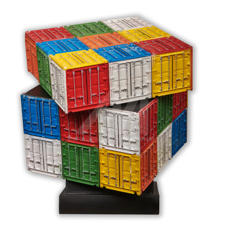 Sculpture intitulée "Rubik's Cube contai…" par Alain Louiset, Œuvre d'art originale, Métaux