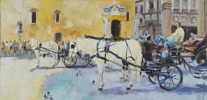 Pittura intitolato "Les chevaux du musée" da Alain Muller, Opera d'arte originale, Olio Montato su Telaio per barella in leg…