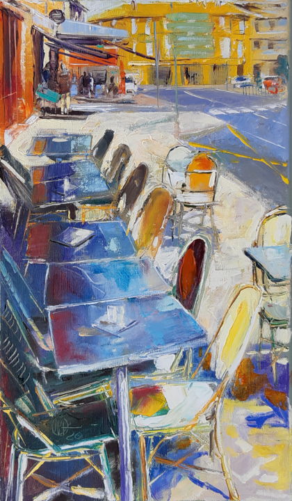 Painting titled "Tables place Dupuy" by Alain Muller, Original Artwork, Oil Mounted on Wood Stretcher frame