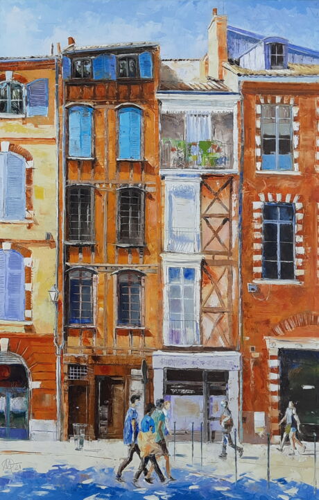 Painting titled "Place du Salin n°1" by Alain Muller, Original Artwork, Oil Mounted on Wood Stretcher frame