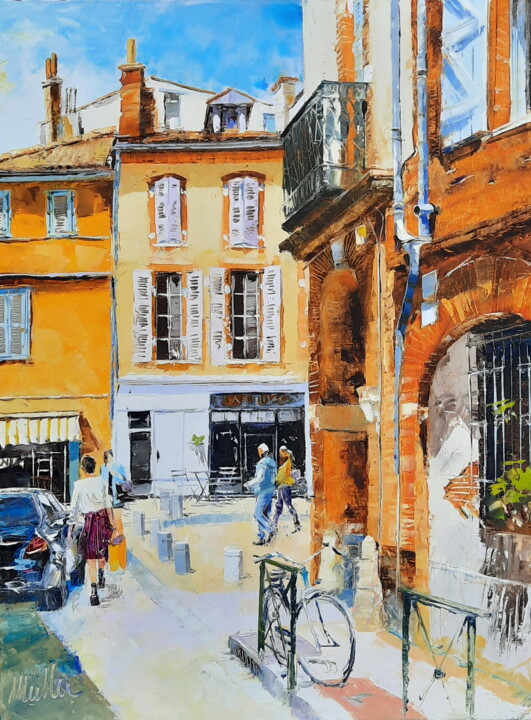 Ζωγραφική με τίτλο "Rue des Paradoux" από Alain Muller, Αυθεντικά έργα τέχνης, Λάδι Τοποθετήθηκε στο Ξύλινο φορείο σκελετό