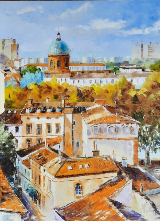 Painting titled "HAUT TOULOUSE N°10" by Alain Muller, Original Artwork, Oil Mounted on Wood Stretcher frame