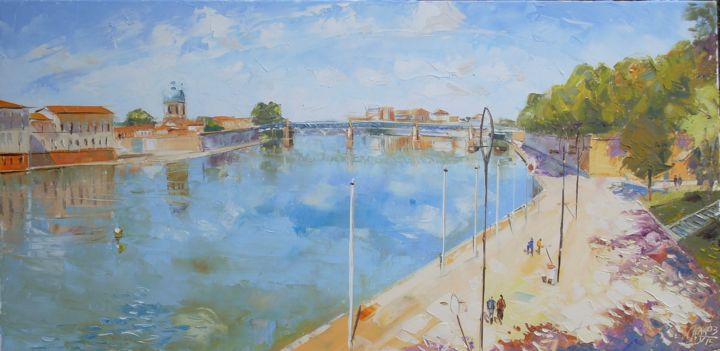 Painting titled "Garonne-horizontale" by Alain Muller, Original Artwork, Oil