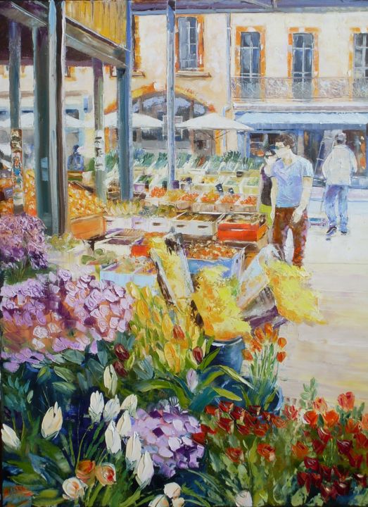 Painting titled "marché des Carmes" by Alain Muller, Original Artwork, Oil