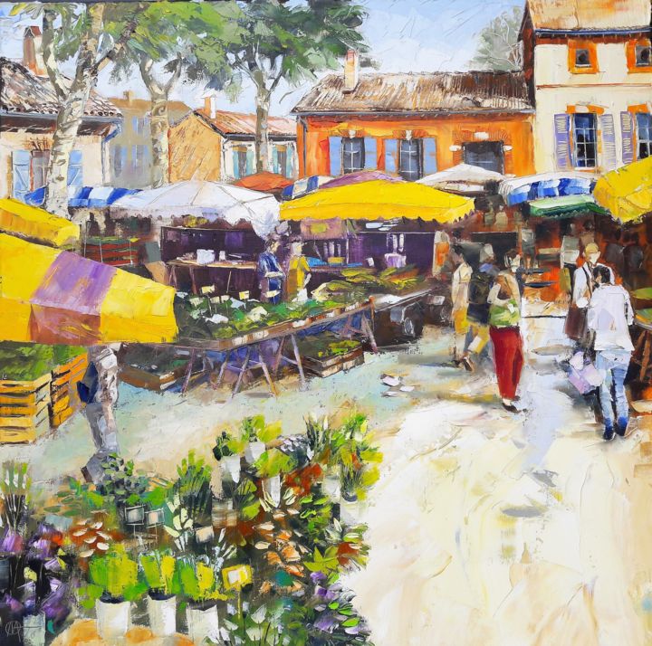 Painting titled "les parasols jaunes" by Alain Muller, Original Artwork, Oil Mounted on Wood Stretcher frame