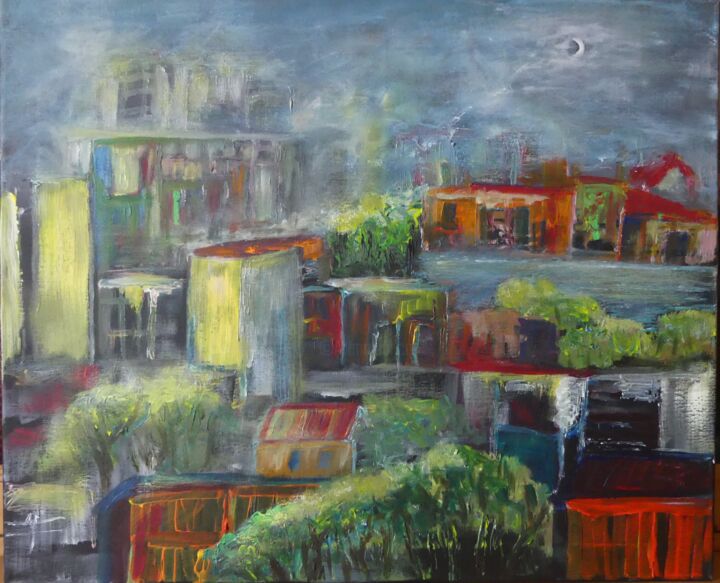 Painting titled "paysage urbain" by Alain Quillon, Original Artwork, Acrylic