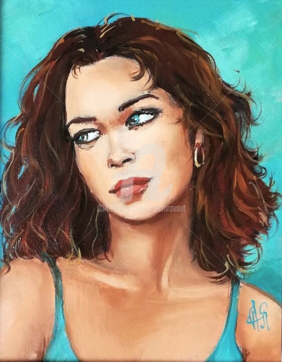 Painting titled "Judy blue eyes" by Alain Ravaut, Original Artwork, Oil Mounted on Wood Stretcher frame