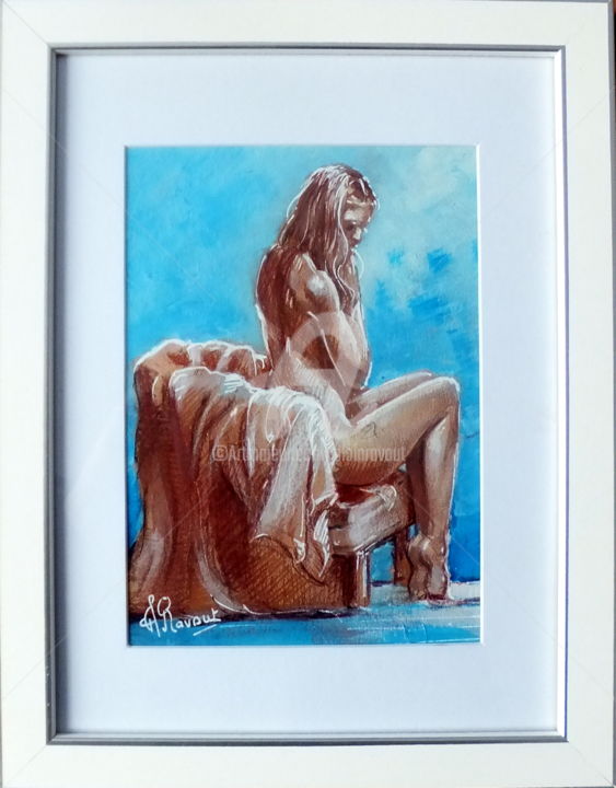 Pittura intitolato "Irina au fauteuil" da Alain Ravaut, Opera d'arte originale, Acrilico Montato su Pannello di legno