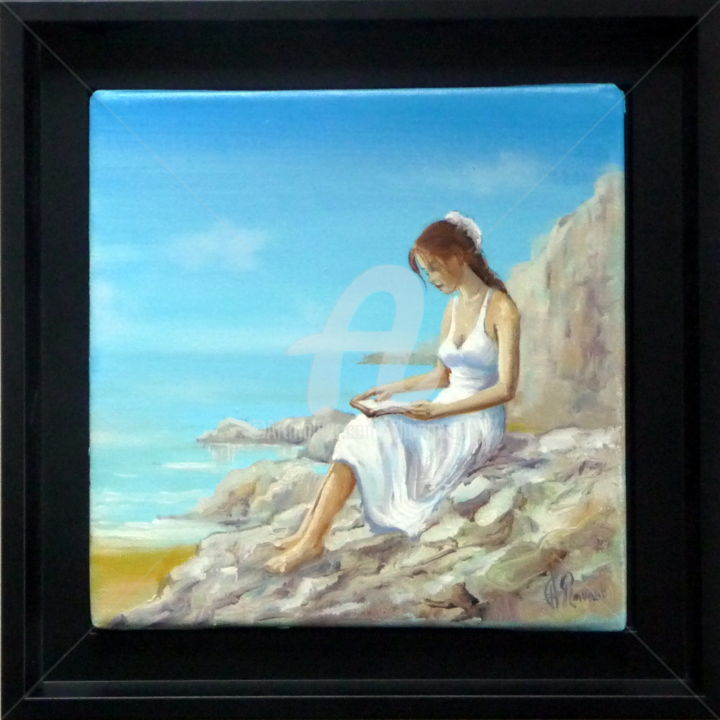 Painting titled "lecture à la plage" by Alain Ravaut, Original Artwork, Oil