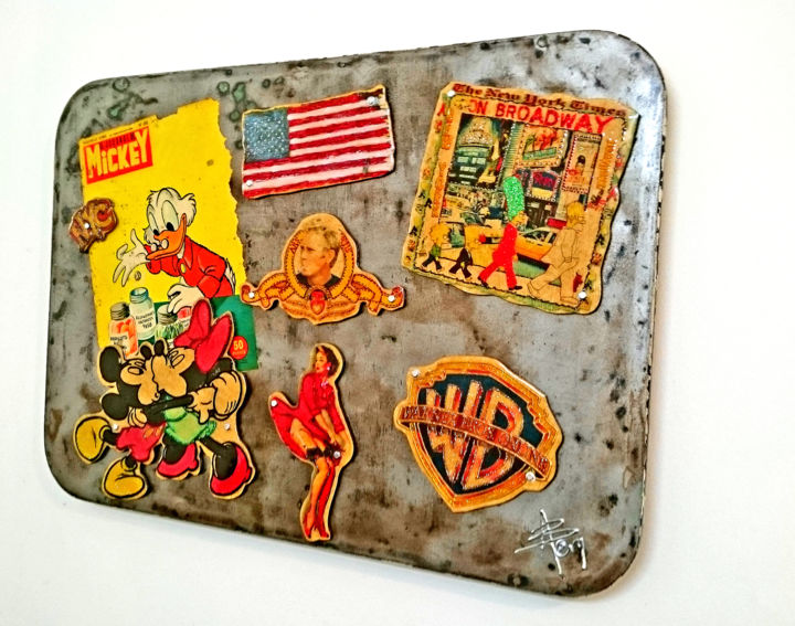 Collages titled "Mickey on metal tab…" by Alan Berg, Original Artwork