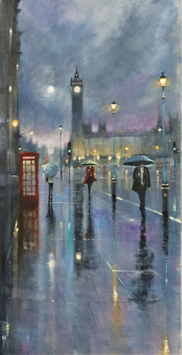 Malerei mit dem Titel "City rain London 3" von Alan Harris, Original-Kunstwerk, Acryl