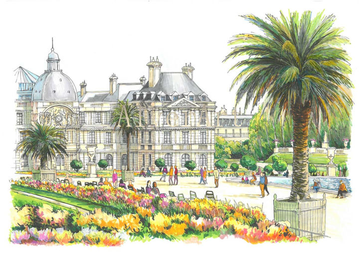 Drawing titled "Luxembourg Gardens" by Alexey Erofalov, Original Artwork, Marker