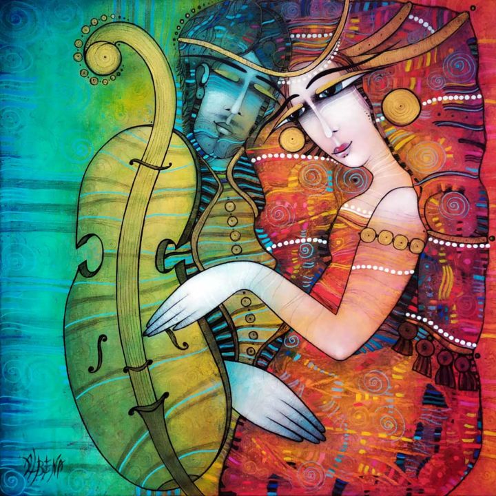 Painting titled "Violon d'Ingres" by Albena Vatcheva, Original Artwork, Oil Mounted on Wood Stretcher frame